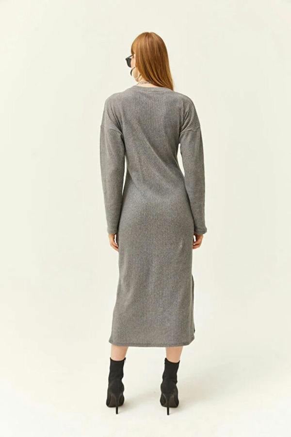 Hoxton Gal V-Neck Thick Ribbed Dress with Side Slit