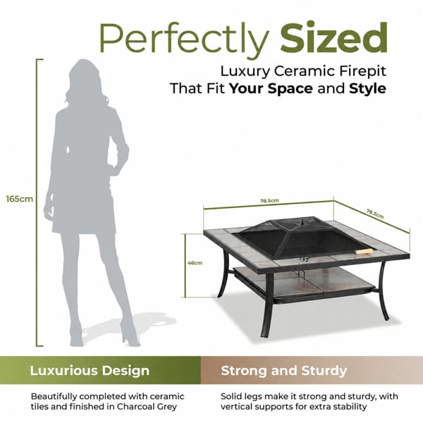 Centurion Supports SHANGO Premium Multi-Functional Black with Ceramic Tiles Outdoor Garden and Patio Square Heater Fire Pit Brazier and Outdoor Table