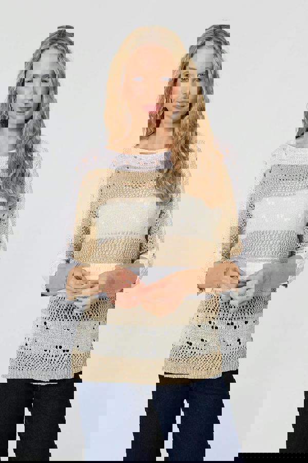 Gold | Semi Sheer Mesh 3/4 Sleeve Knit Top