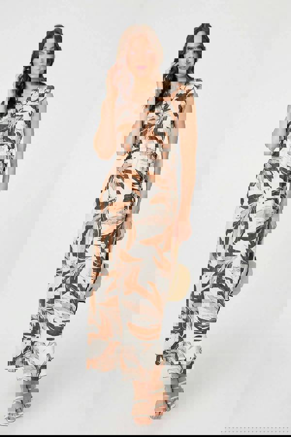 Brown | Leaf Print Layered Tie Waist Maxi Dress