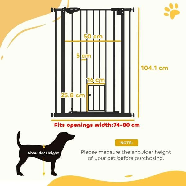 Black pet gate with cat flap, diagram showing open width and gate measurements
