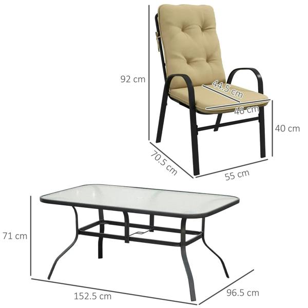 Beige cushioned armchair and black dining table with dimensions shown
