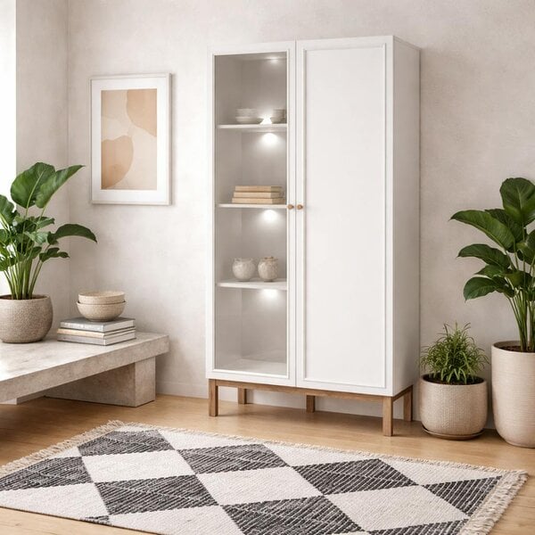 Wyld Haus Niva Light Grey and Natural Oak Effect Display Cabinet with LED Lighting 2 Doors