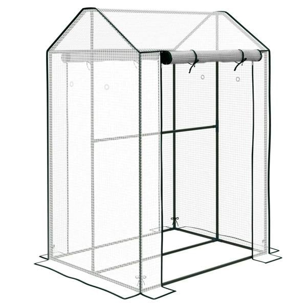 White mini greenhouse with open roll-up door panels and dark green frame