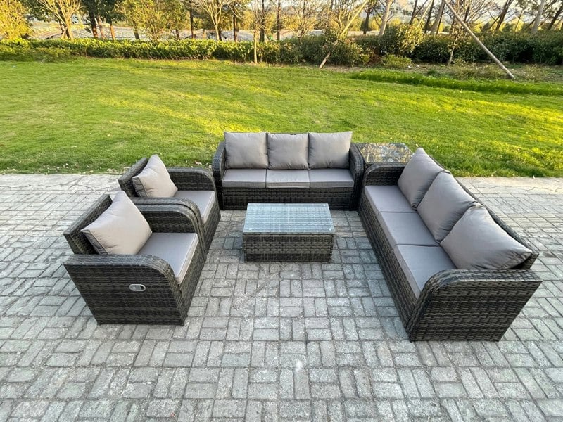 Fimous Rattan Outdoor Garden Furniture Sofa Set Patio Table & Chairs Set with 3 Seater Sofa Reclining Chair Side Table Dark Grey Mixed