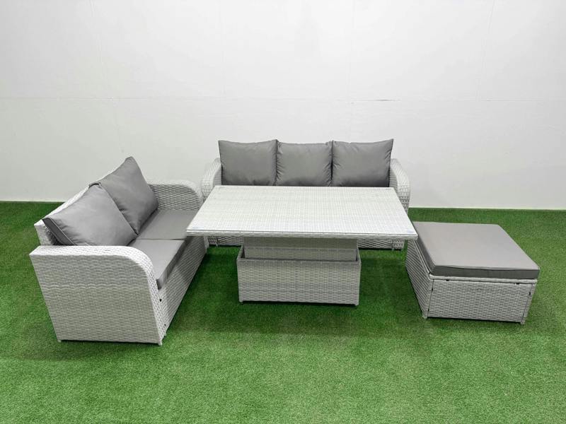 Fimous 6 Seater Patio Sofa Set, PE Rattan Garden Furniture, Adj Height Table, 3 Seater Sofa, Love Sofa and Big Footstool, Light Grey