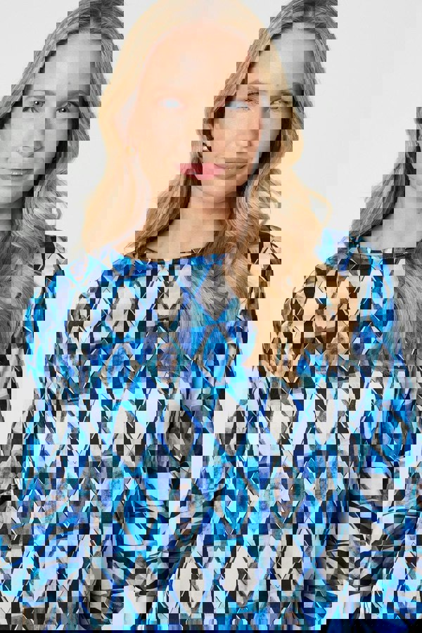 Blue | Geo Print 3/4 Flute Sleeve Curve Hem Blouse