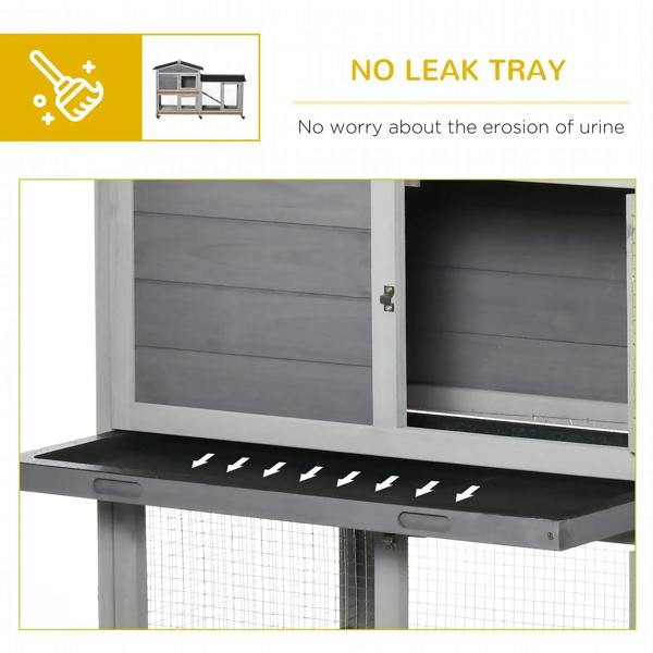 Grey hutch with black no-leak tray area under the doors and ramp opening