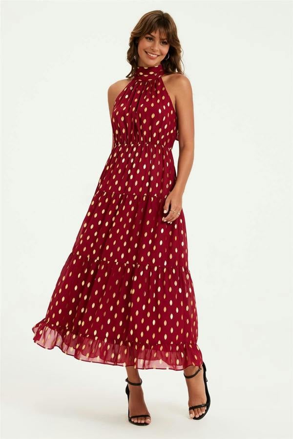 FS Collection Gold Foil Halter Neck Tie Back Midi Dress In Wine