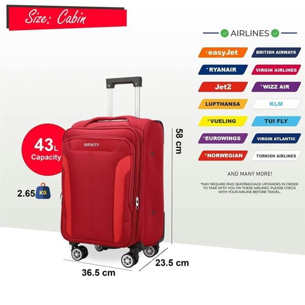 Infinity Luggage Soft Cabin Suitcase 36.5 x 23.5 x 58 cm Nylon 900D Suitable Integrated Lock for Easyjet, Ryanair, Wizzair