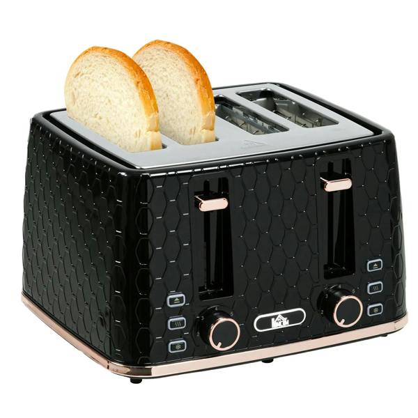 Black toaster with honeycomb texture, two bread slots; control panel with knobs and buttons
