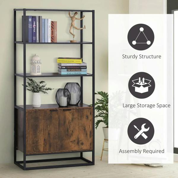 Industrial bookshelf with black frame, rustic brown lower cabinet, and three open shelves