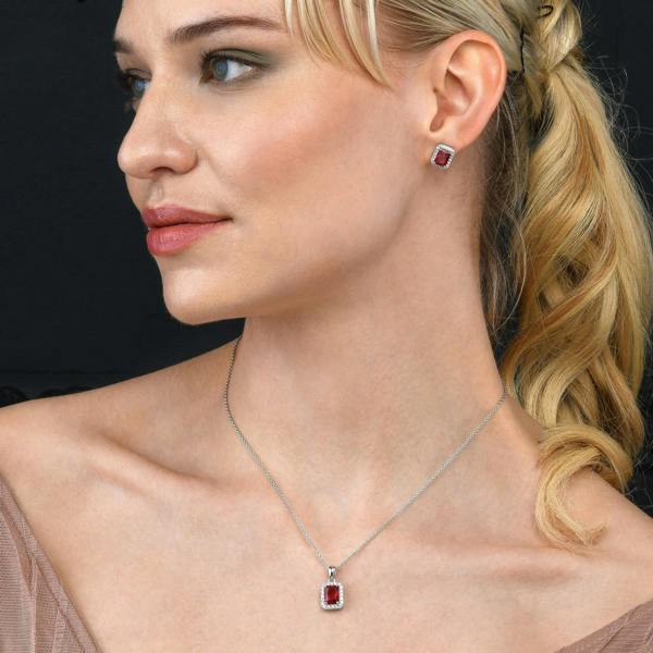 namana 925 Sterling Silver Emerald Cut Red Halo Pendant Necklace For Women
