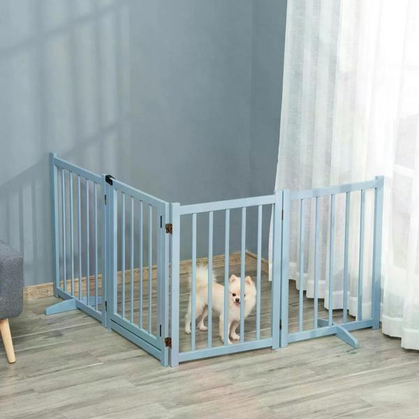 Blue four-panel dog safety barrier gate with door and small dog behind