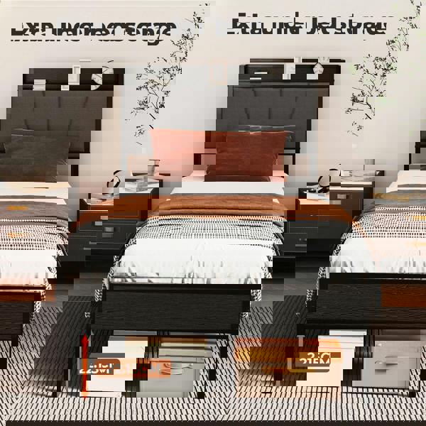 Levede Single Bed Frame Metal Platform Linen Upholstered Headboard with Storage