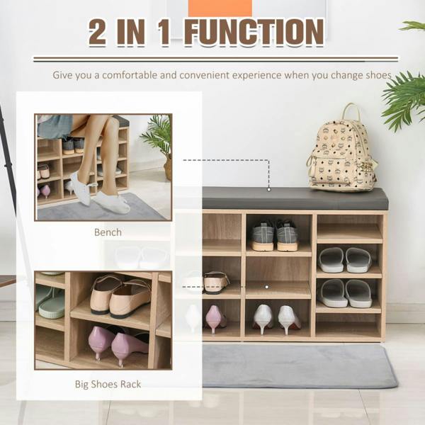 Dyzi 14 Compartment Shoe Storage Bench Removable Shelves Padded Seat Brown