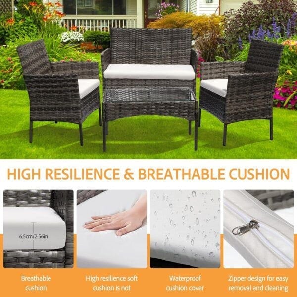 Leaper Grey 4 Seater Rattan Dining Set with Soft Cushions