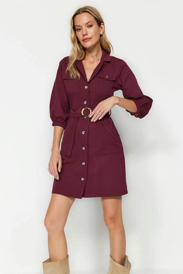 Belted Button Detail Long Sleeve Mini Shirt Dress