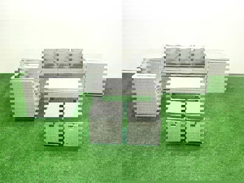 Fimous Rattan Garden Furniture Set Outdoor Lounger Sofa with Coffee Table 2 Small Footstools 2 Side Tables Light Grey Mixed