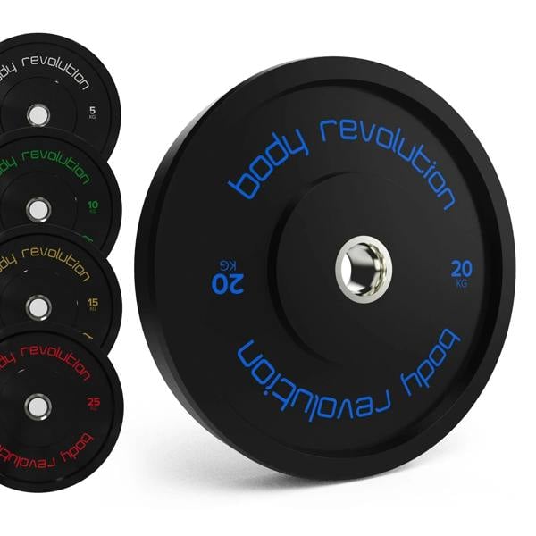 Body Revolution Olympic black bumper plate bundle featuring 20kg, 25kg, and 15kg weights with vibrant blue and green lettering