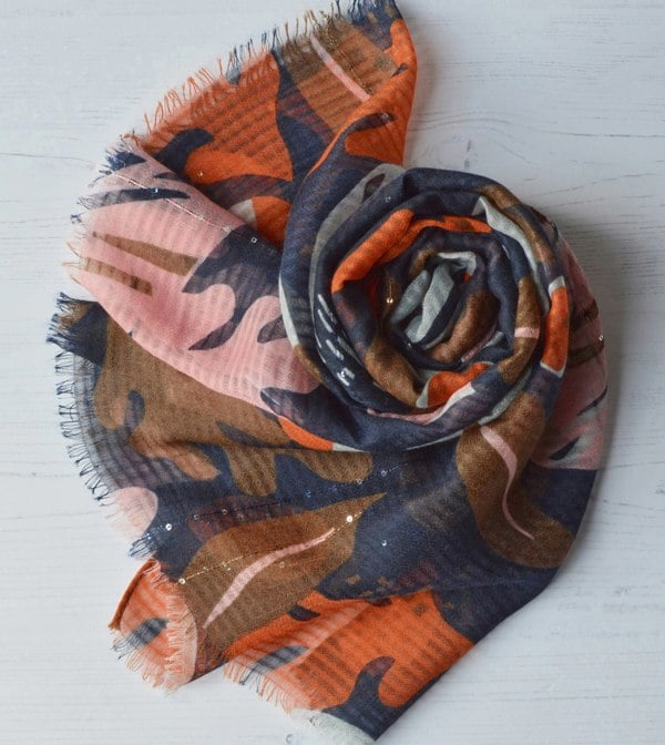 Antonia York Leaf Scarf | Hannah Soft Gauzy Wrap with Sequin Detail Orange Navy Blue Pink Brown