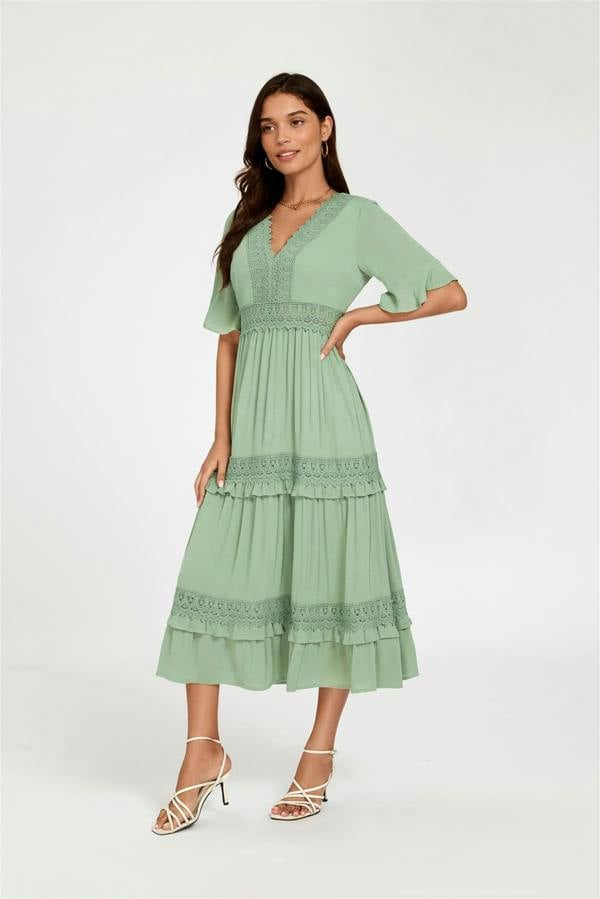 FS Collection V Neck Lace Detail Midi Dress In Green