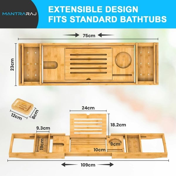 MANTRARAJ Bamboo Bath Tray Extendable Bath Caddy Trays for Bathtub Accessories with Tablet Slots Candle Cup Holder