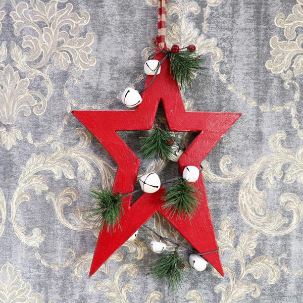 26cm Wooden Hanging Star Decoration in Red, Festive Hanging Ornament for Christmas Home, Office or Fireplace Displays image 9