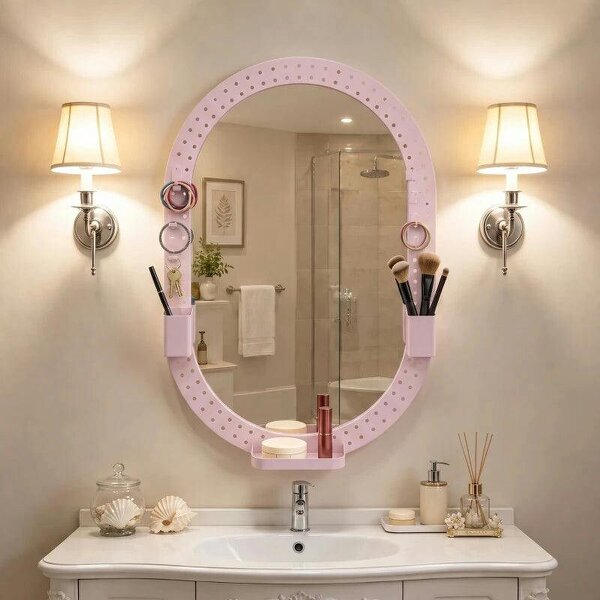 Oval Wall Mirror, 60 x 90 cm Decorative Hanging Mirror with Pegboard Frame, Wall-Mounted, Pink