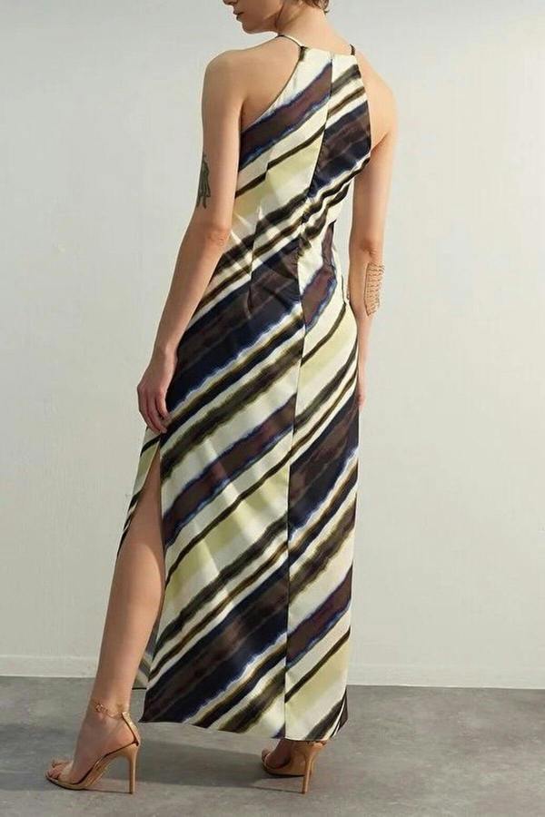WOVCOR Halter Neck Sleeveless Maxi Dress with Tie-Dye Print