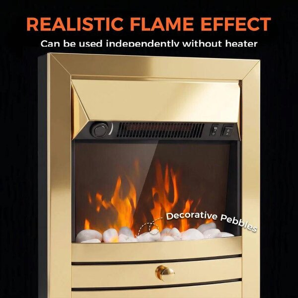 Electric Fireplace Stove Freestanding/Inset, 2000W, Electric Fire with LED Flame, Pebbles, Adjustable Thermostat, Gold
