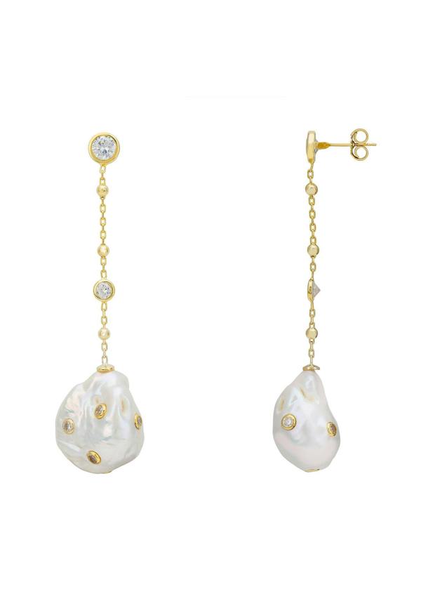Latelita Polka Dot Baroque Pearl Chain Drop Earrings Gold Cz