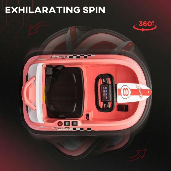 Pink electric kids bumper car top view with steering wheel and control panel