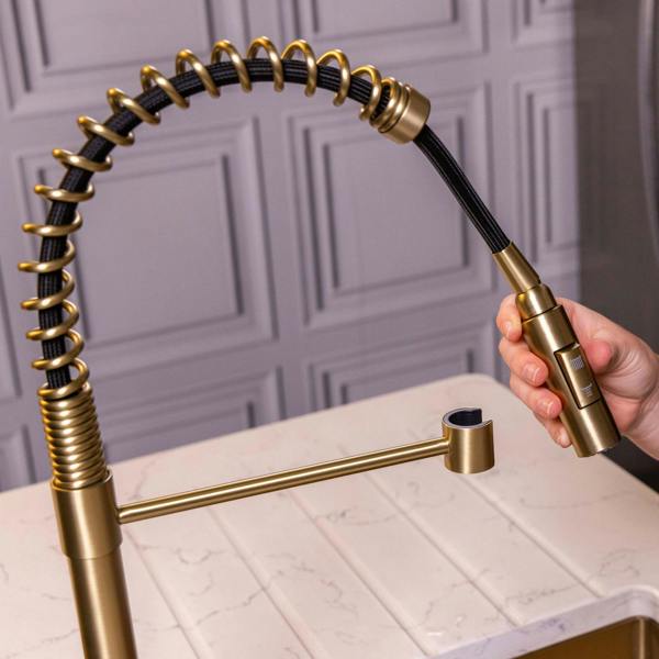 Flode Fjädra | Pull Out Kitchen Sink Mixer Tap | Spring Style Mixer Tap | Brushed Brass | Square Head