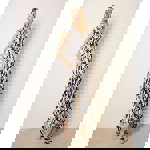 Blue Vanilla Metallic Abstract Printed Collarless V Neck Dress