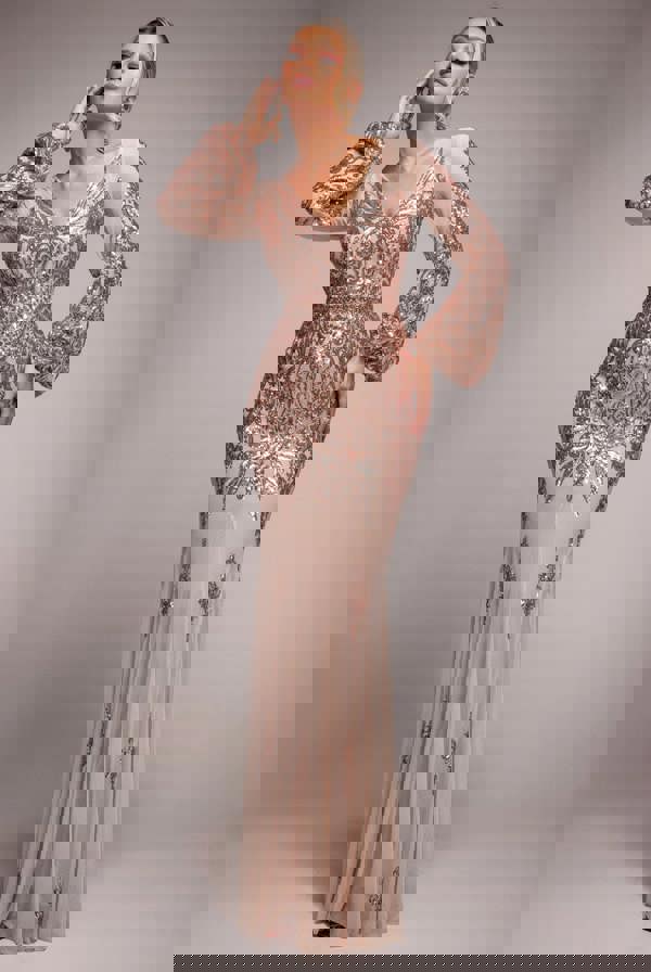 Embellished Sequin Bishop Sleeve Maxi Dress - Champagne DR4634