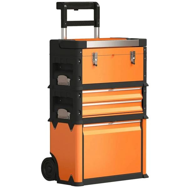 Orange and black 3-tier rolling tool box with stacked drawers and pull handle
