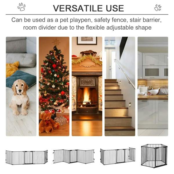 Black foldable pet playpen fence panels shown as adjustable corner shapes