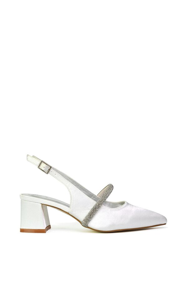 XY LONDON Slingback Strappy Pointed Toe Diamante Mid Block Heels - White