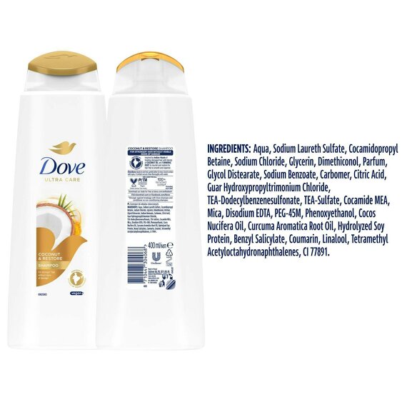 Dove Ultra Care Shampoo - Coconut & Restore 2x400 ml, Bio Restore Technology
