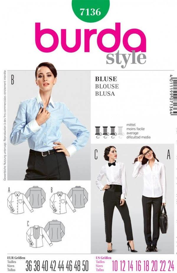 Burda Sewing Pattern 7136 Shirts and Tops For Women, 10-12-14-16-18-20-22-24 - Intermediate
