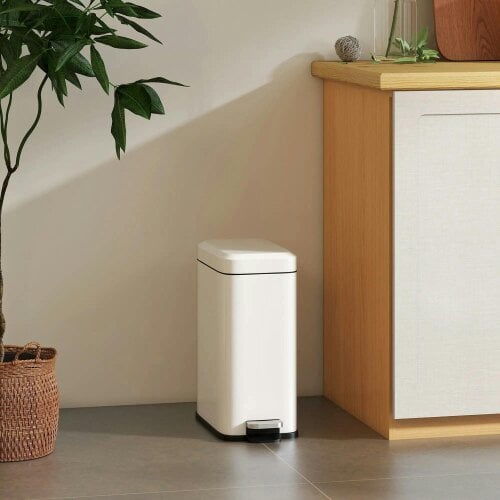 Bobobiy 5L Rectangular Compact Bin Steel Body Removable Bucket Quiet-Close Lid with Pedal Lid Rubbish Trash Can Office Bedroom Bathroom Living White
