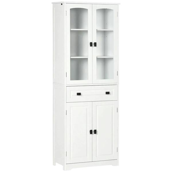 White freestanding storage cabinet with glass doors and drawer storage