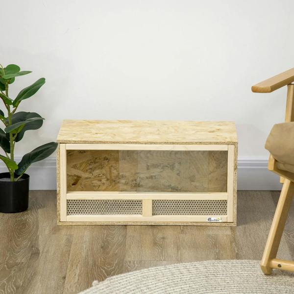 Natural wood reptile terrarium with front mesh vent strip and clear sliding door