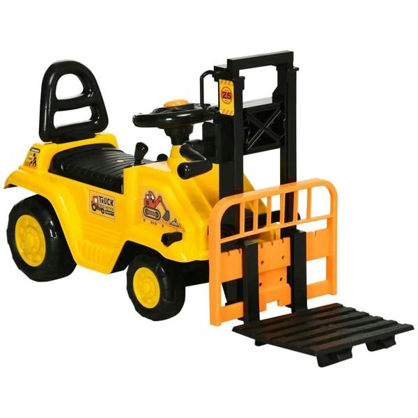 Yellow kids ride-on construction forklift truck with orange front fork and cargo platform tray