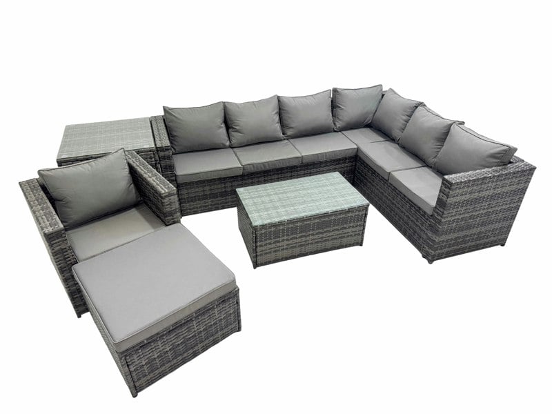 Fimous Patio Sofa Oblong Coffee Table Set Rattan Garden Furniture Set with Big Stool Chair Side Table Dark Grey Mixed