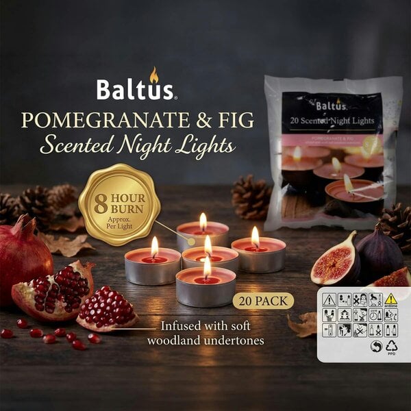 Baltus Pomegranate & Fig Scented Tealight Candles, Pack of 20, Up to 8 Hour Burn Time