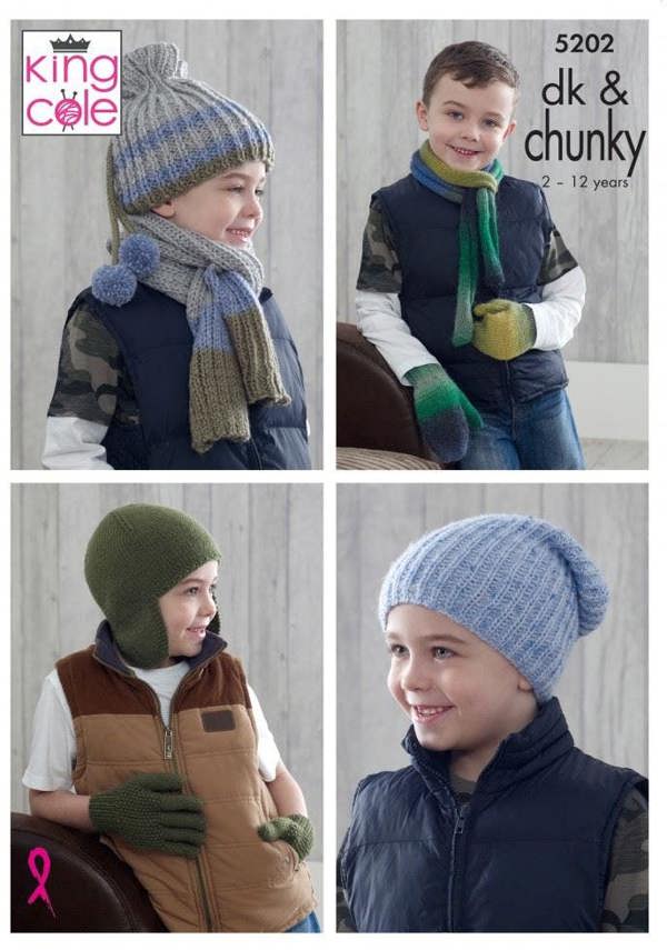 King Cole Chunky & DK Knitting Pattern 5202, Headwear, Gloves, Scarves for Kids, 2 - 12 Years