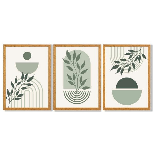 Set of 3 Boho Green and Beige Floral Framed Art Prints with Oak Wooden Frames