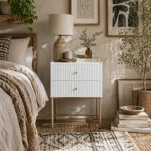 Wyld Haus Lelu Rata White and Gold Elegant 2 Drawer Ribbed Bedside Table